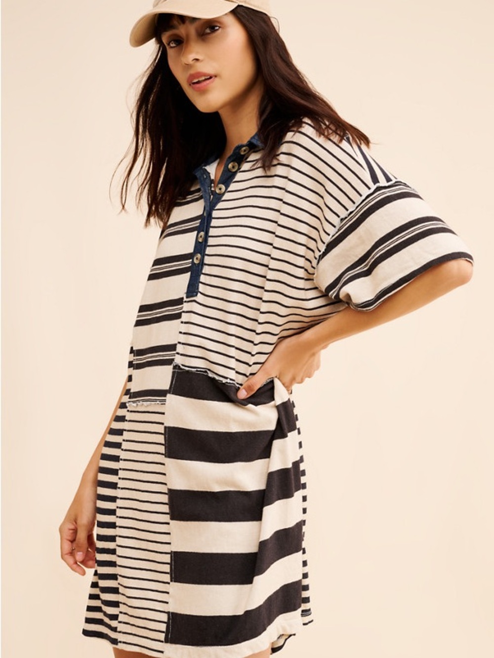 Free People 100% Cotton Black & Cream Striped Henley Mini Dress